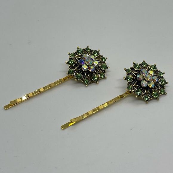 Handmade Green Iridescent Rhinestone Gold Set Hair Clips HoCo Fairy Jewelry NWT - Picture 3 of 6